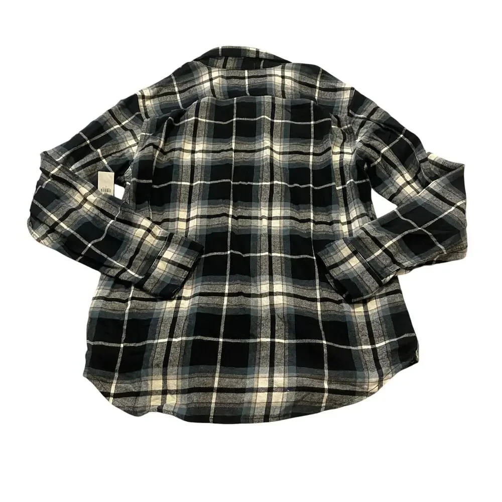 Old Navy Men’s Flannel Shirt Black Grey White Button Up 100% Cotton LARGE